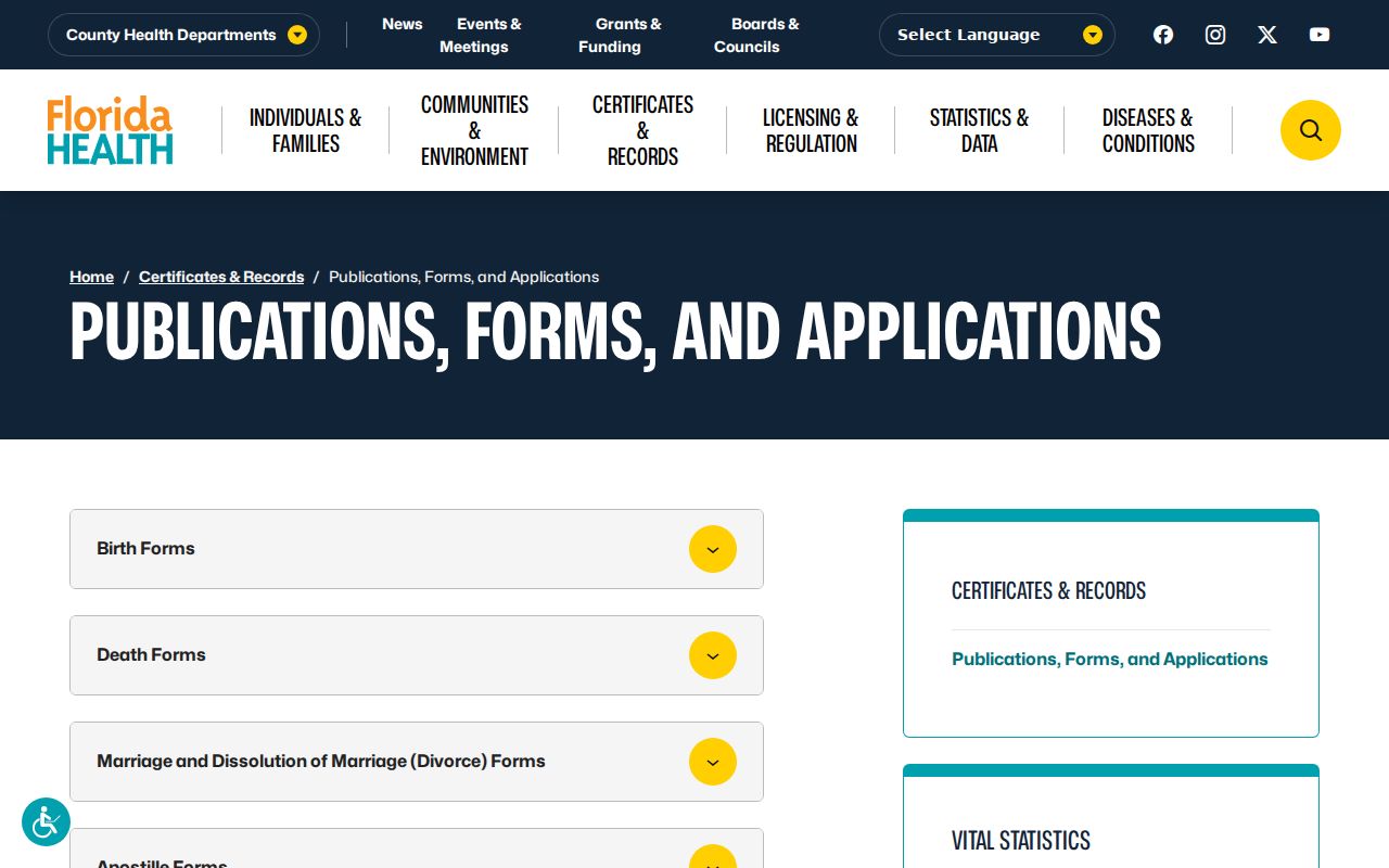Jupiter previous residents Florida vital record application forms