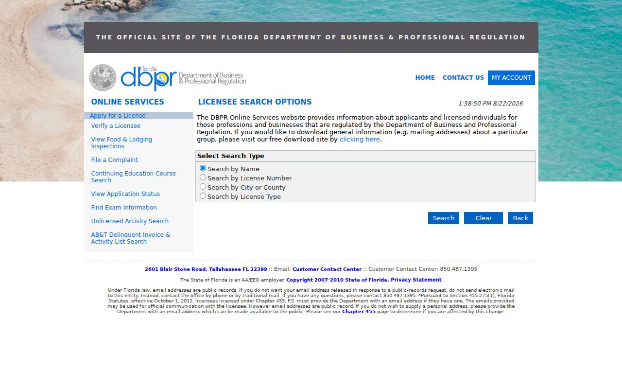 Jupiter resident lookup using the Florida DBPR license search